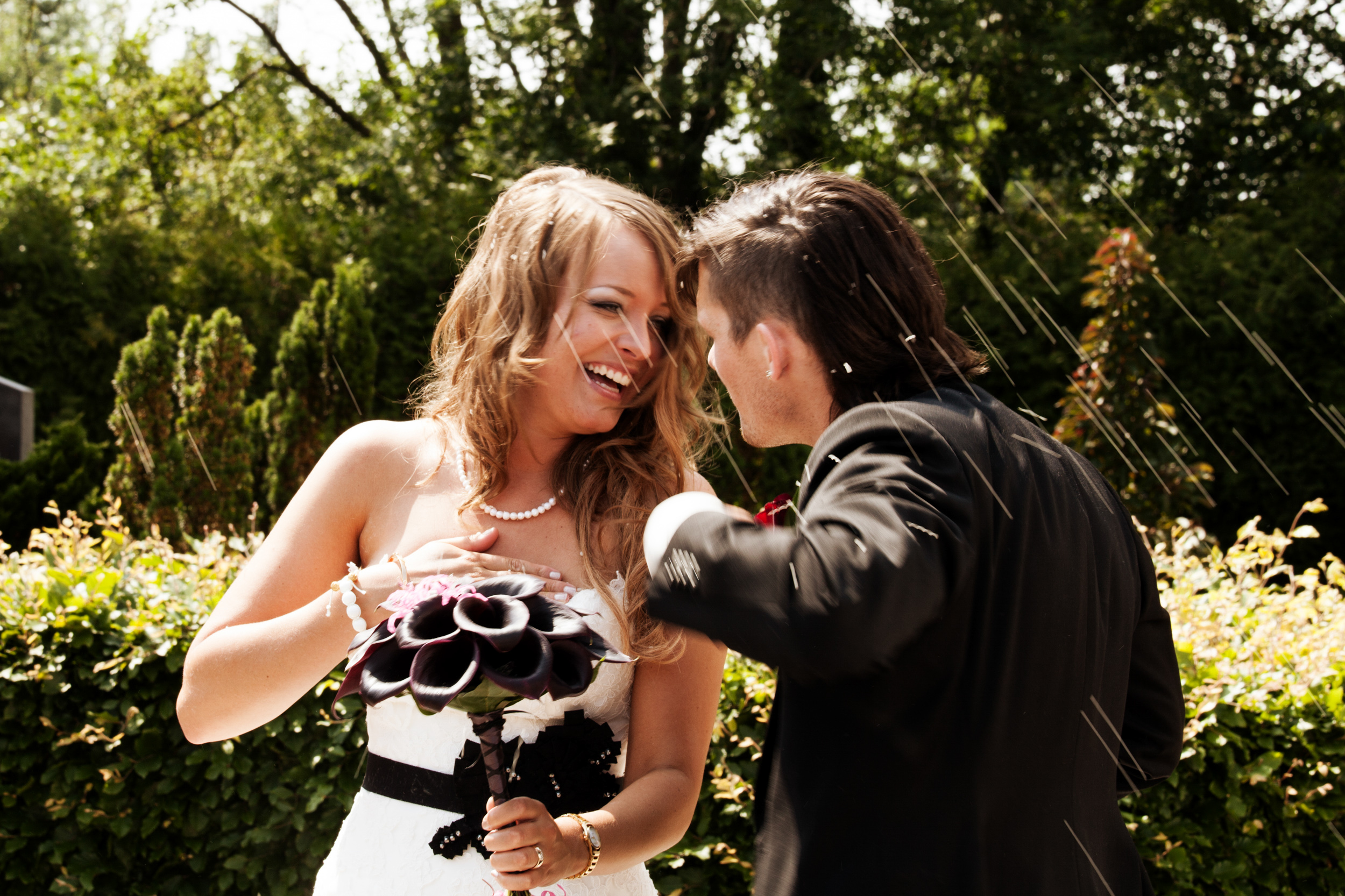 Brudepar kastes med ris